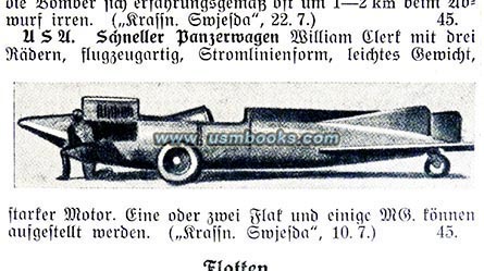 USA 3-wheeled streamlined flying armored car with two Flak or several machine guns, Militr-Wochenblatt 12 August 1938