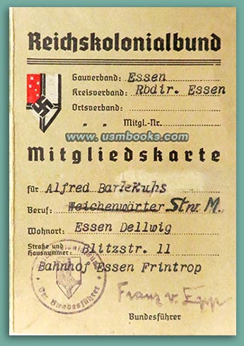 RKB, Nazi State Colonial League Membership Card