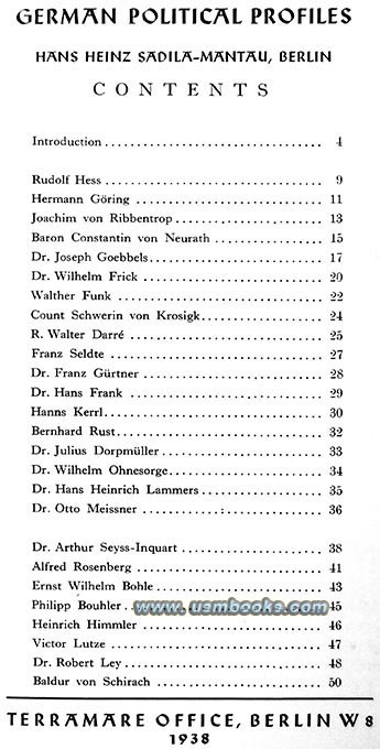 Rudolf Hess, Hermann Gring, Dr. Joseph Goebbels, Dr. Hans Frank, Alfred Rosenberg, Philipp Bouhler, Reichsfhrer-SS Heinrich Himmler, Dr. Robert Ley, Baldur von Schirach, Dr. Otto Meissner, Dr. Julius Dorpmller, Dr. Wilhelm Frick, R. Walter Darr, Viktor Lutze, Count Schwerin von Krosigk